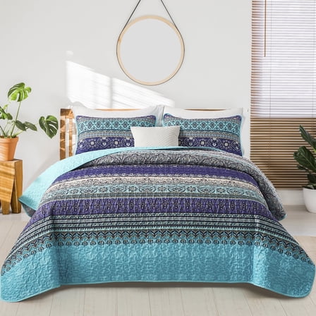 Dintszyayue Bohemian Quilt Set Queen Blue,3Pcs Stripe Boho Bedspread Lightweight Adult(90"x96")