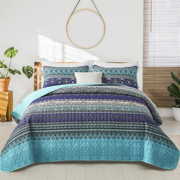 Dintszyayue Bohemian Quilt Set Queen Blue,3Pcs Stripe Boho Bedspread Lightweight Adult(90"x96")