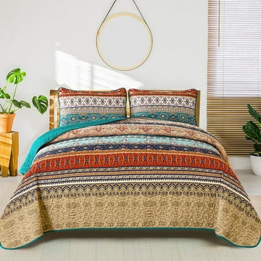 Dintszyayue Bohemian Quilt Set Queen Size,3 Pcs Stripe Boho Bedding Set Lightweight Adult(90"x96")
