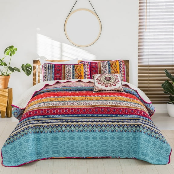 Dintszyayue Bohemian Quilt Set Queen Size,3Pcs Blue Red Stripe Bedding Set Bedspread Adult(90"x96")