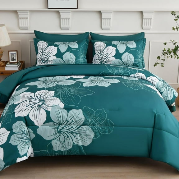 Dintszyayue Teal Floral 7Pcs Comforter Set Queen,Soft Bed Sheet Pillowcase Bed in a Bag Adult(90"x90")
