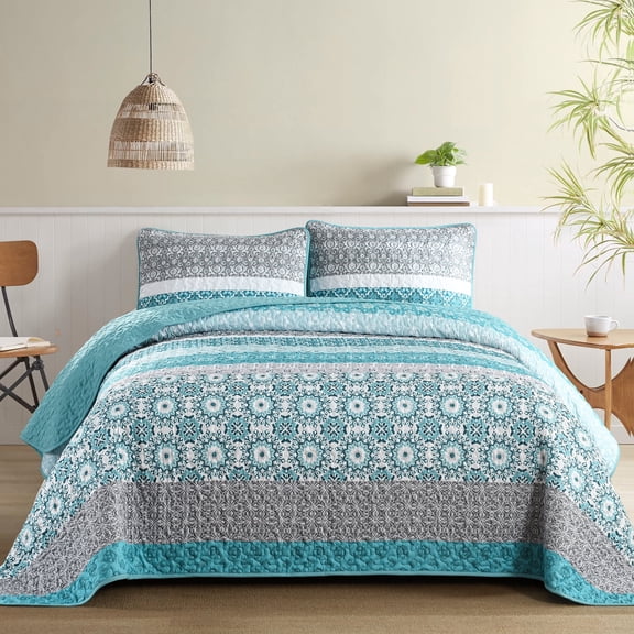 Dintszyayue Boho Quilt Set King,3Pcs Floral Teal Bohemian Striped Patchwork Bedspread Adult(90"×110")