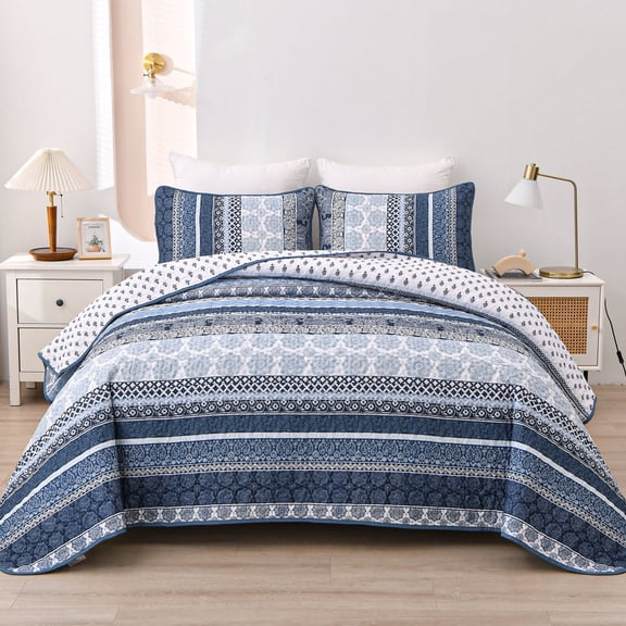 Dintszyayue Boho Quilt Set King Size, Navy Blue Bohemian 3Pcs Bedspread Coverlet Bedding Set Adult(90"x110")