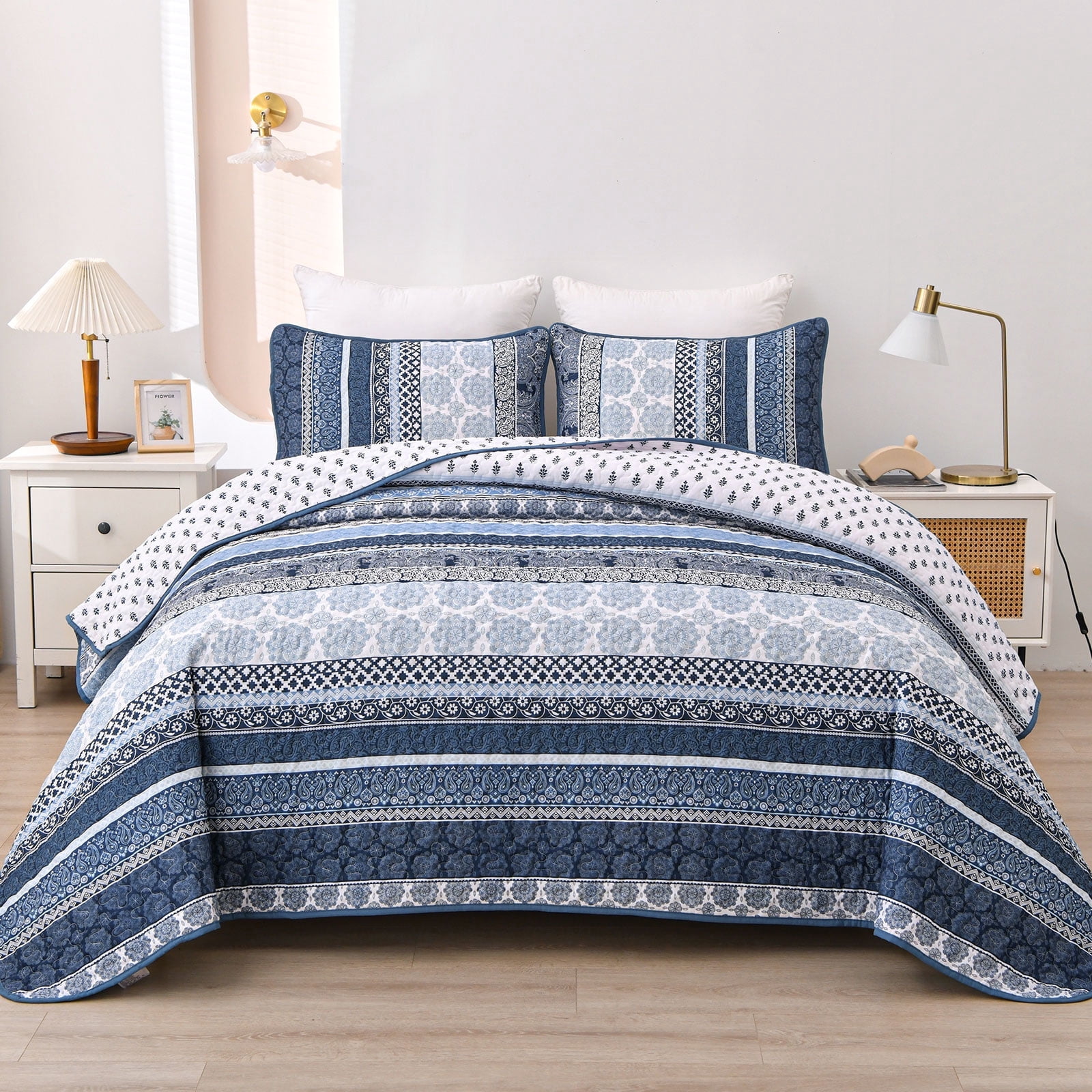 Dintszyayue Boho Quilt Set Queen Size, Navy Blue, 3Pcs Bedding Coverlet ...
