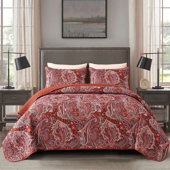 Dintszyayue Brick Red Paisley Quilt Set Queen Size,1Bedspreads and 2Pillowcases Adult Coverlets(90"x110")