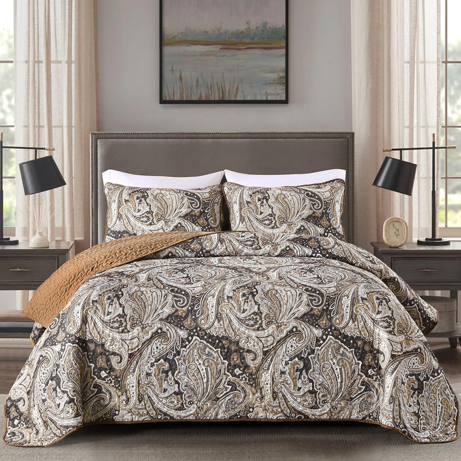 Dintszyayue Brown Paisley Quilt Set King Size,1Bedspreads and 2Pillowcases Soft Adult Coverlets(90"x110")