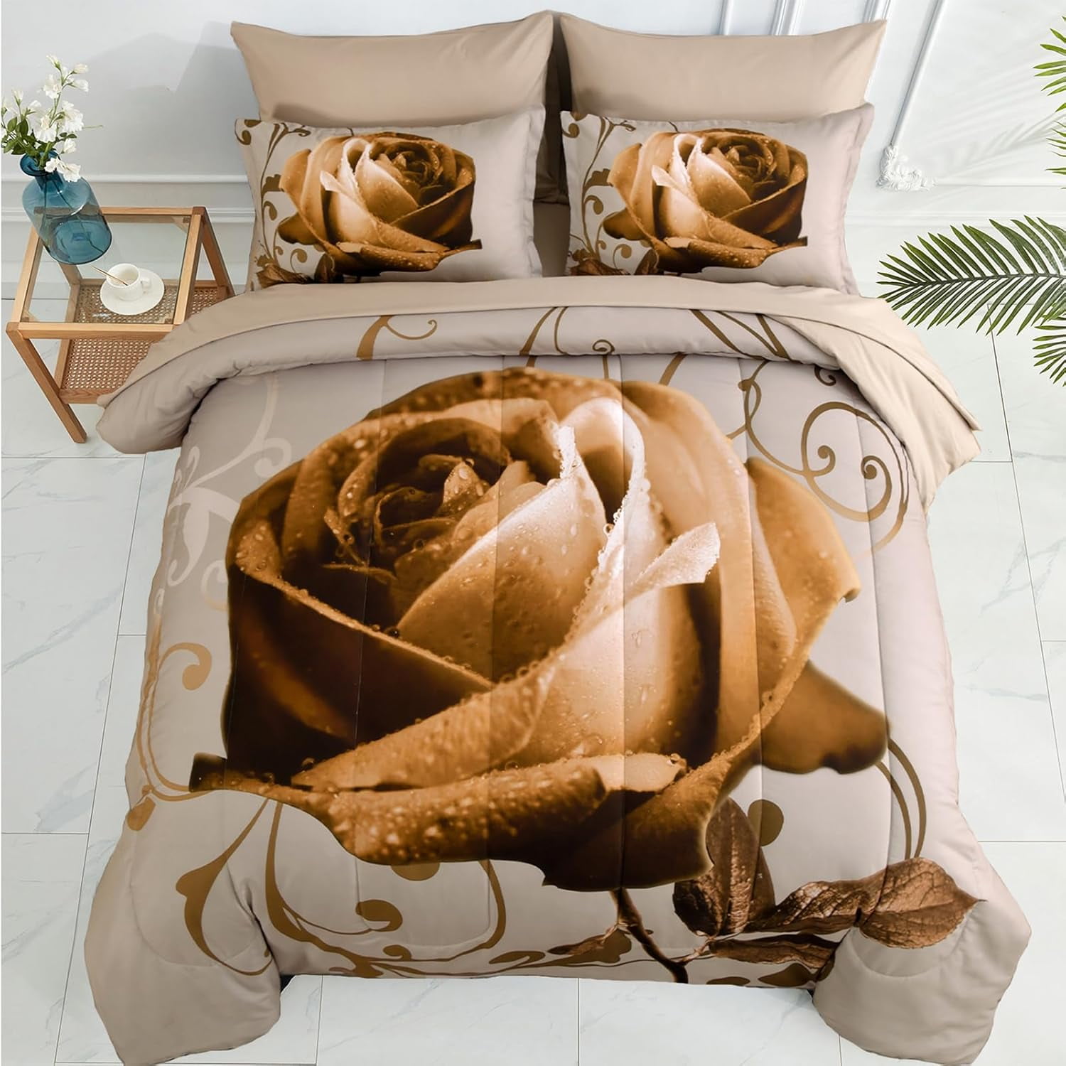 7-Piece Queen Comforter Set – Peach Flower Cherry Japanese Floral Design With Sheets & Pillowcases