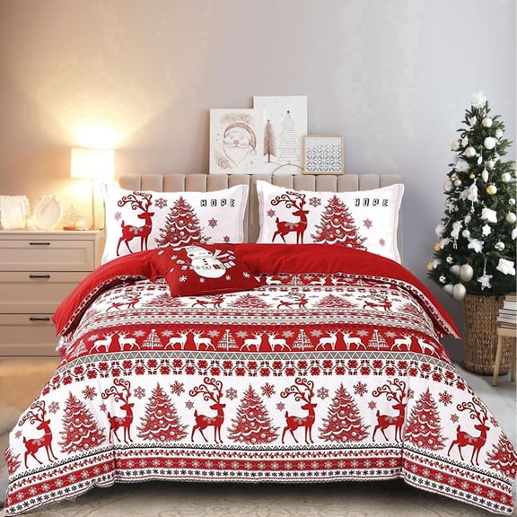 Dintszyayue Christmas Duvet Cover Queen 3Pcs Christmas Tree Red Deer Bedding Comforter Cover(90"x90")