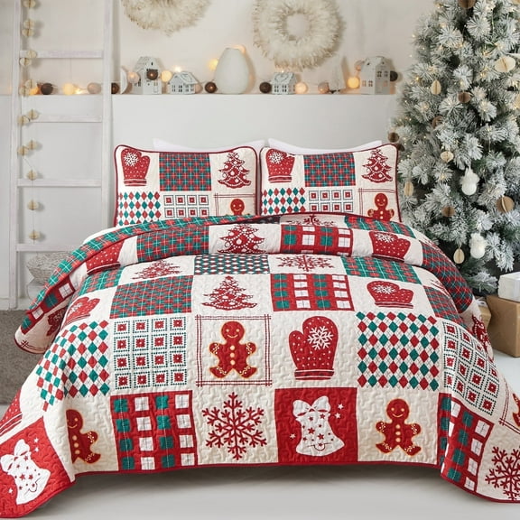 Dintszyayue Christmas Quilt Set King Reversible Christmas Tree Pattern Patchwork Bedspread Children(90"x110")