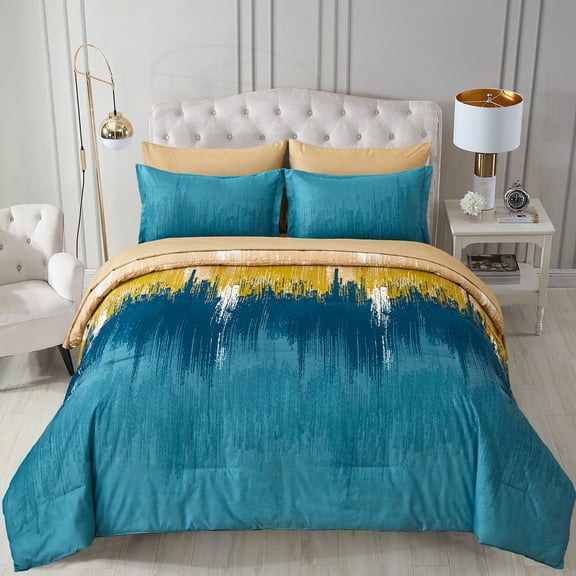 Dintszyayue Comforter Set Queen,Yellow Blue 7Pcs Abstract Gradient Soft Bed in a Bag Adult(90"x90")