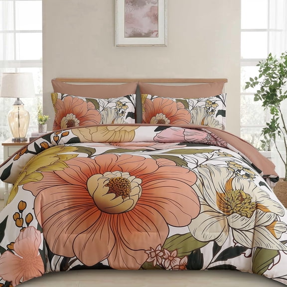 Dintszyayue Floral 7 Pcs Comforter Set Queen Bed in a Bag Red Flower Bedding Lightweight Boho Bed Set with Sheet Pillowcases&Shams Adult(90"x90")
