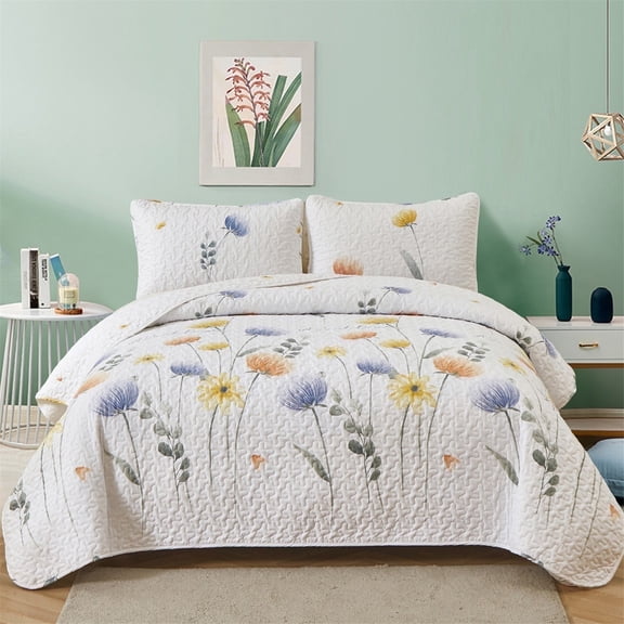 Dintszyayue Floral Quilt Set King Size, 3 Pcs Blue Bedspread Set Lightweight Coverlet for All Seasons(90"x110")