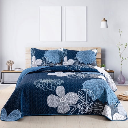 Dintszyayue Floral Quilt Set King Size,3Pcs Blue Bedding Set Lightweight Soft Adult(90"x110")