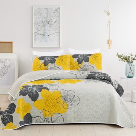 Dintszyayue Floral Quilt Set Queen Size,3 Pcs Yellow Bedspread Set Lightweight Coverlet(90"x 96")