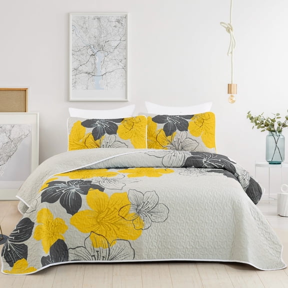 Dintszyayue Floral Quilt Set Queen Size,3 Pcs Yellow Bedspread Set Lightweight Coverlet(90"x 96")