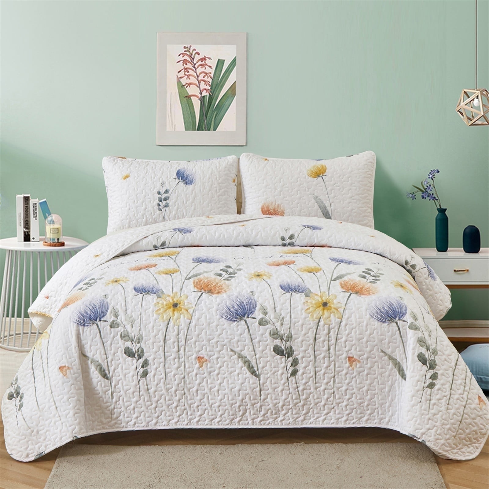 Dintszyayue Floral Quilt Set Queen Size,3Pcs Botanical Bedspread Set Lightweight Coverlet  Soft Adult(90"x96")