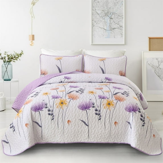 Dintszyayue Floral Quilt Set Queen Size,3Pcs Purple Bedding Set Lightweight Coverlet Adult(90"x 96")