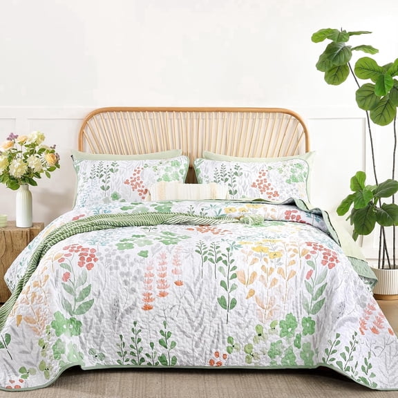 Dintszyayue Floral Quilt Sets King Size Green 3Pcs Bedspreads Flower Pillowcase Soft Cozy All Season Adult(90"x110")