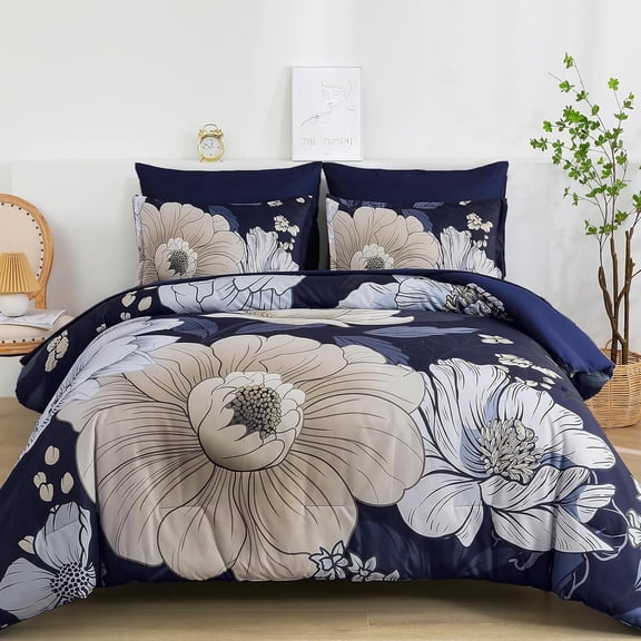 Dintszyayue Gray Flower 7Pcs Comforter Set King Bed in a Bag Floral Bedding Lightweight Boho Bed Set with Sheet All Season(90"x104")