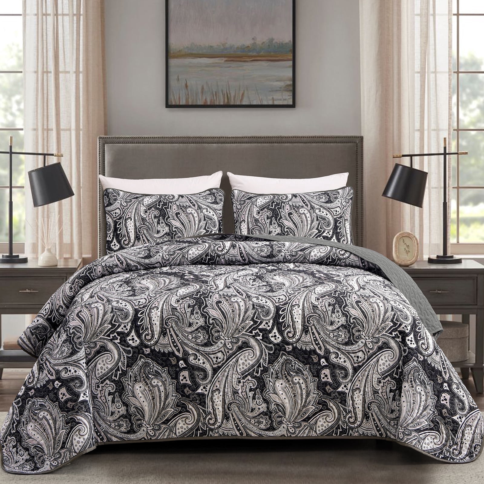 Dintszyayue Gray Paisley Quilt Set King Size,Bedspreads and 2Pillowcases Soft Adult Coverlets Bedding Set(90"x110")