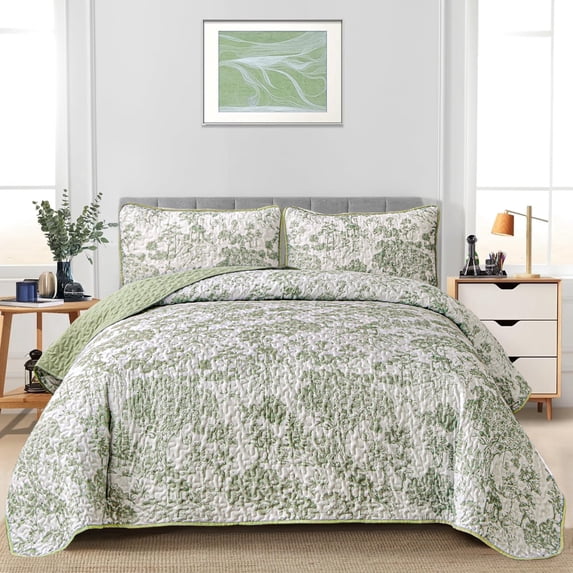 Dintszyayue Green Botanical 3Pcs Queen Size Quilt Set,Plants Pattern Sketch Soft Bedspread Pillowcase Adult(90"x96")