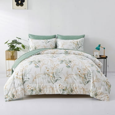 Dintszyayue Green Floral 7Pcs Comforter Set Queen,Botanical Bed in a Bag Bedding Set Adult(90"x90")