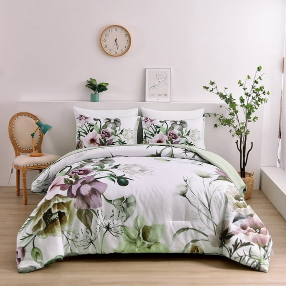 Dintszyayue Green Floral Comforter King Size,3 Pcs Flowers Microfiber Bedding Set(90"x104")