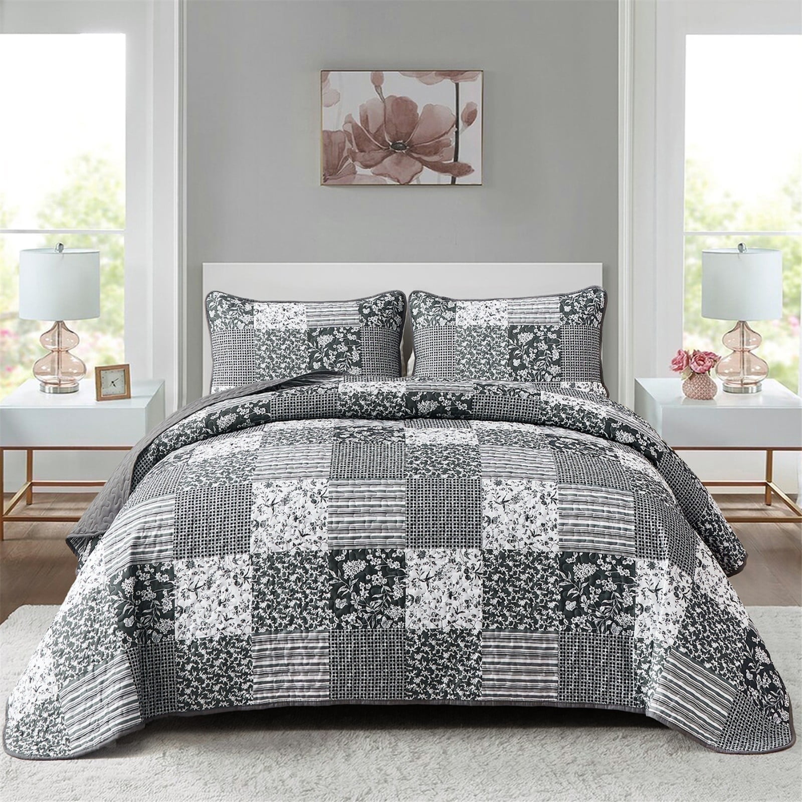Dintszyayue Grid Patchwork Quilt Set King Size, 3Pcs Gray Bedding Sets Lightweight Adult(90"x110")