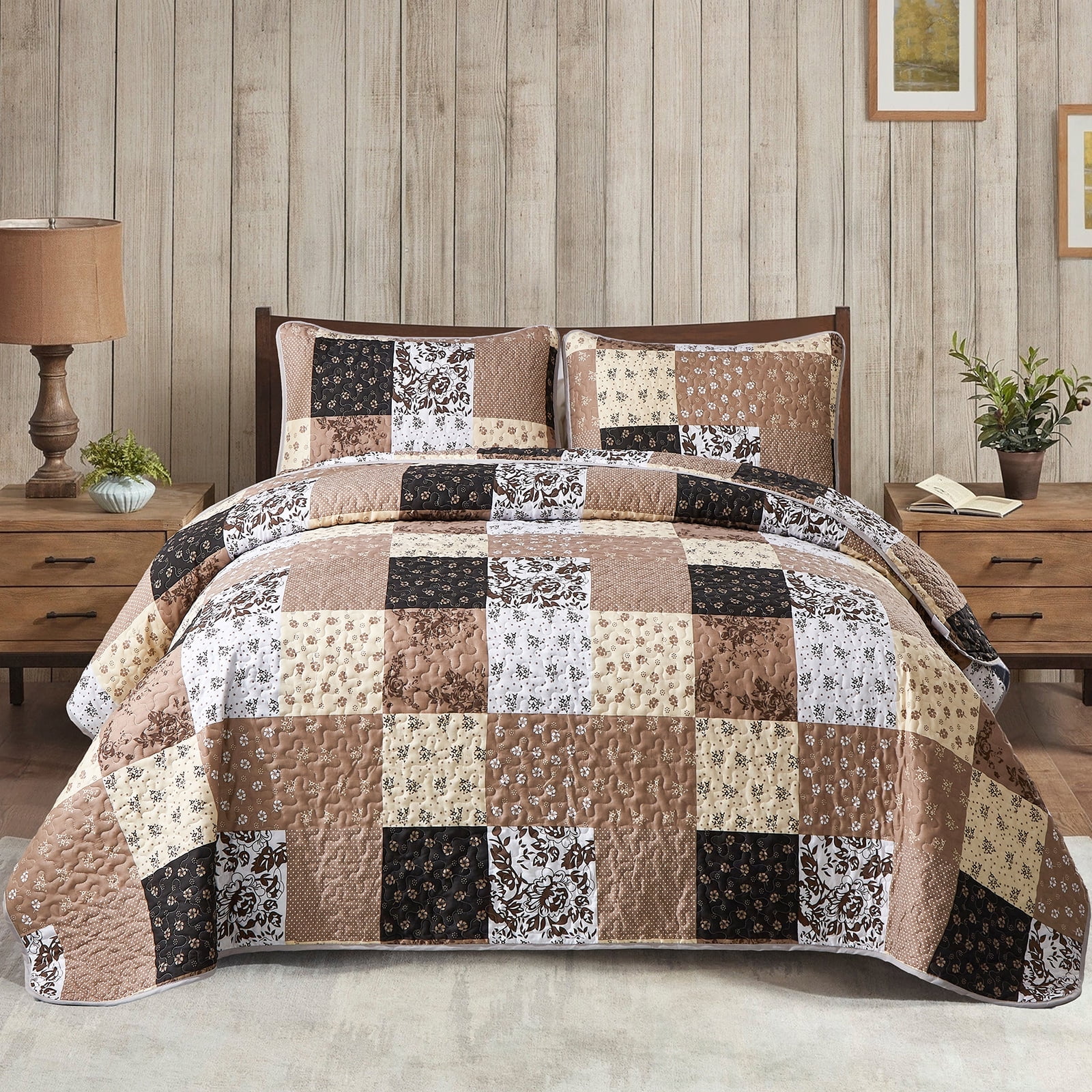 Dintszyayue Grid Patchwork Quilt Set Queen Size,3Pcs Bedding Set Soft Lightweight Adult(90"x96")