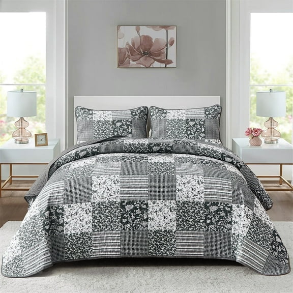 Dintszyayue Gray Grid Patchwork Quilt Set Queen Size,3Pcs Bedspread Set Lightweight Floral Adult(90"x96")