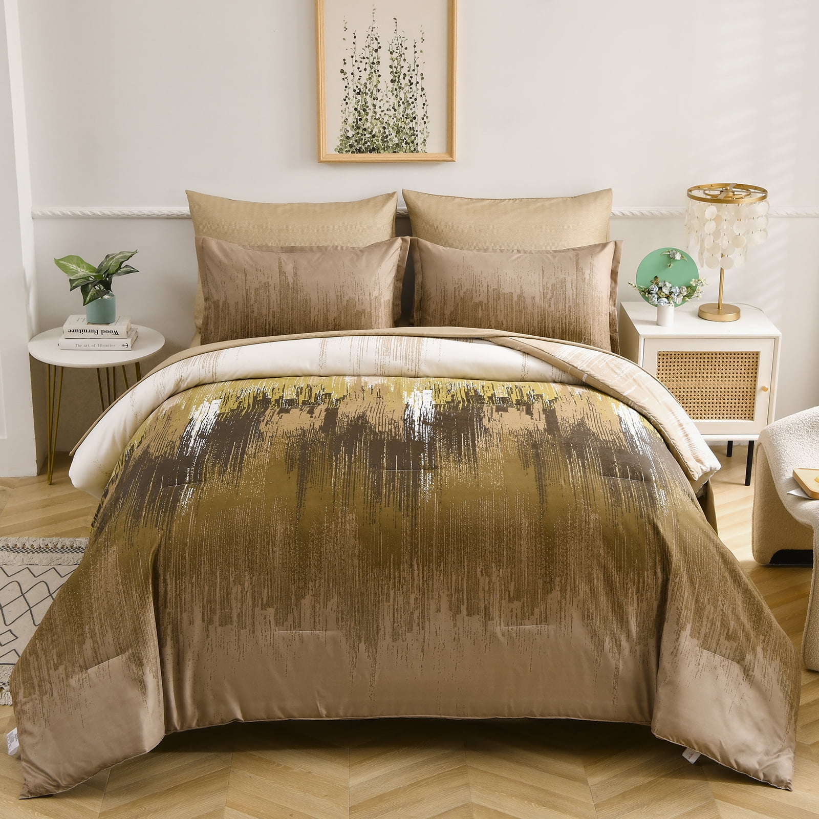 Dintszyayue Khaki Comforter Set King,7Pcs Abstract Gradient Soft Bed in a Bag Fitted Sheet Adult(90"x104")