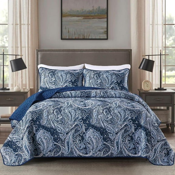 Dintszyayue Navy Quilt Set King Size,3Pcs Bohemian Bedding Set Lightweight Paisley Adult(90"x 110")