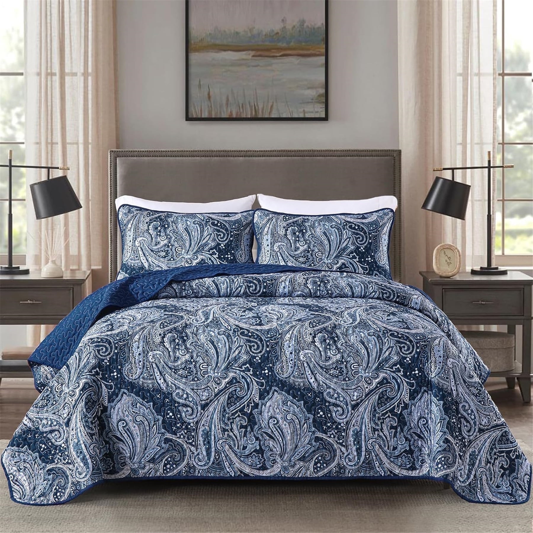 Dintszyayue Navy Quilt Set Queen Size,3Pcs Bohemian Bedding Set Lightweight Paisley Adult(90"x 96")