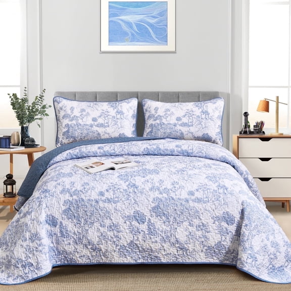 Dintszyayue Botanical Queen Size Quilt Set Blue,3Pcs Plants Pattern Sketch Soft Bedspread Set Adult(90"x96")