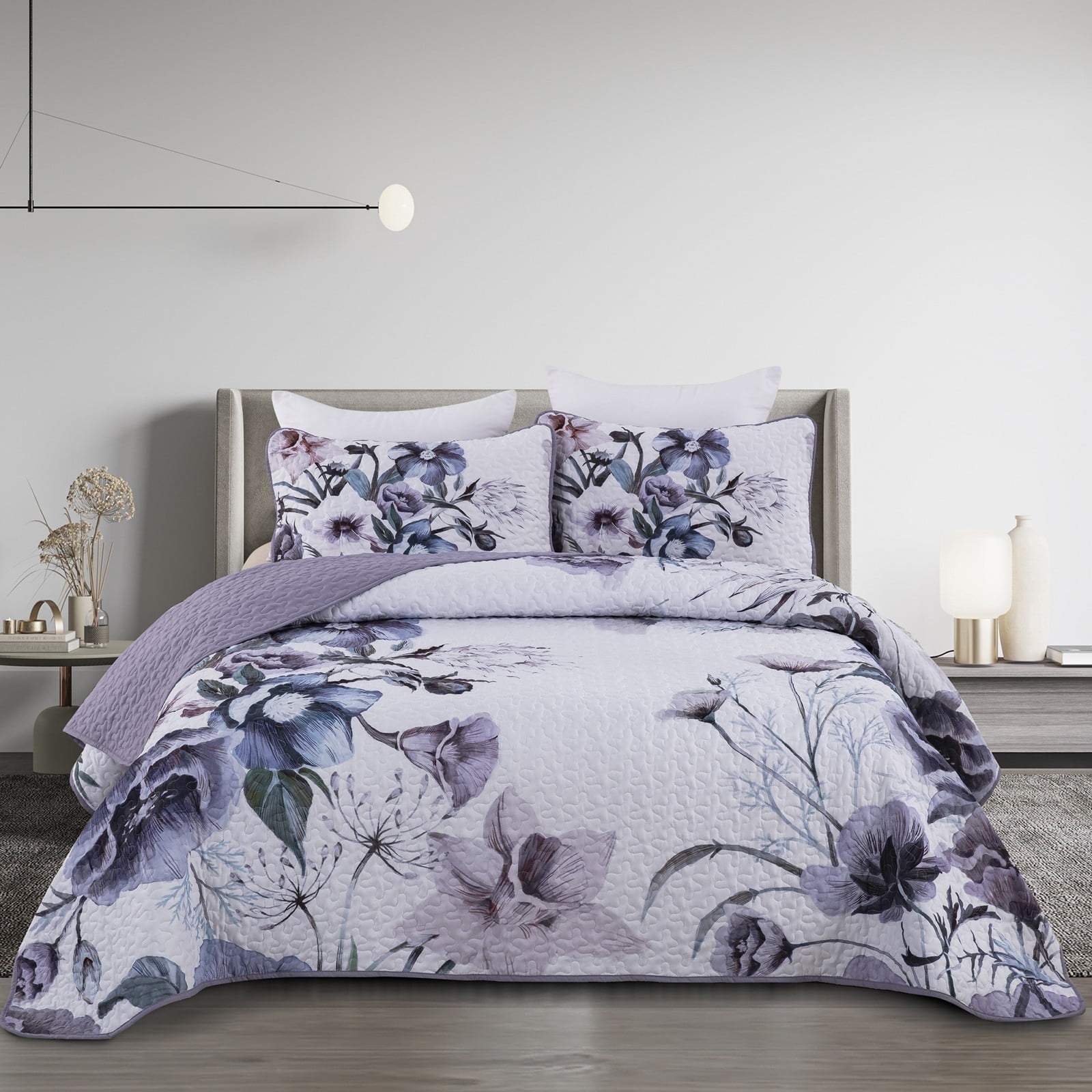 Dintszyayue Big Floral Quilt Set King Size,3Pcs Purple Flower Bedspread Set Reversible Lightweight (90"x110")