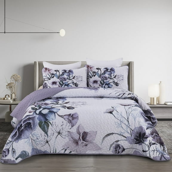 Dintszyayue Quilt Sets Queen Size,3 Pcs Purple Flower Boho Bedding Set Lightweight Adult(90"x 96")