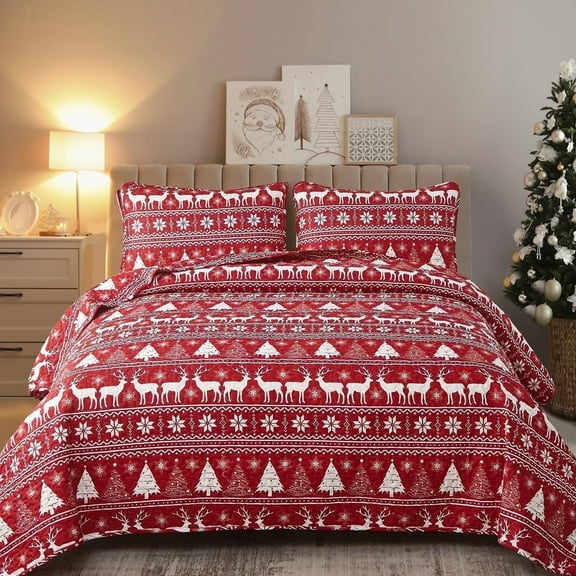 Dintszyayue Red Striped Christmas Quilt set Queen Size,3Pcs Reindeer Coverlet Lightweight(90"x96")