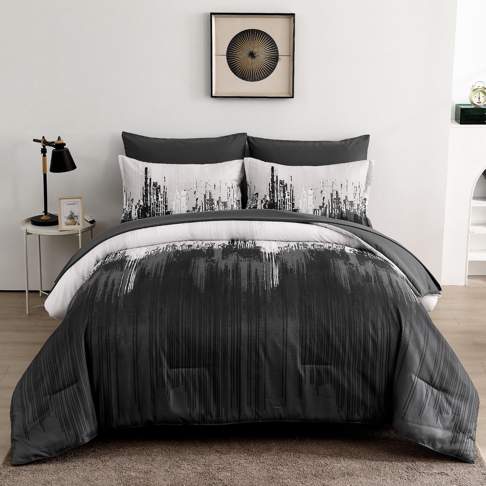 Dintszyayue White Gray Comforter Set King,7Pcs Abstract Gradient Soft Bed in a Bag Adult(90"x104")