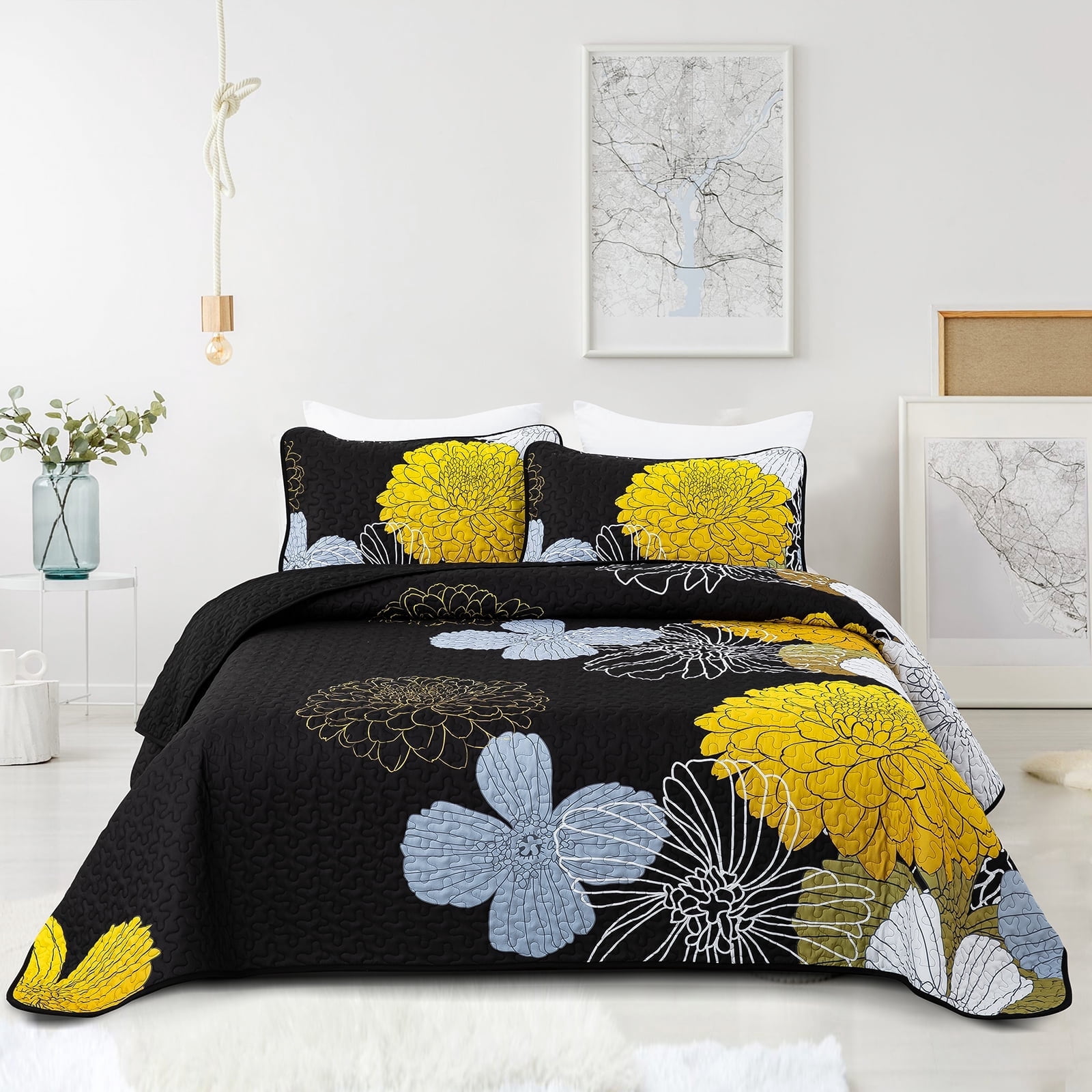 Dintszyayue Yellow Floral Quilt Set Queen Size,1Bedspreads and 2Pillowcases Bohemian Soft Adult(90"x96")