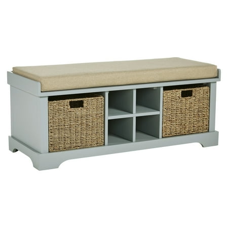 Dio 42 Inch Storage Bench Cushioned Top 2 Wicker Baskets Gray Beige- Saltoro Sherpi