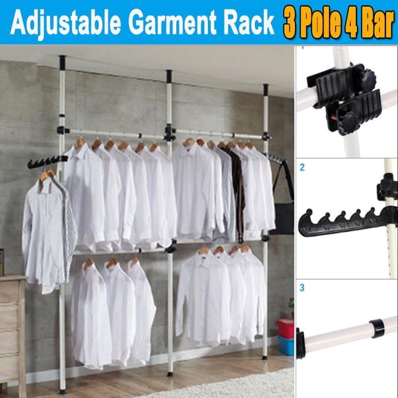 Dioche Telescopic Garment Rack, Premium Heavy Duty Movable Coat Hanger Clothes Wardrobe 3 Poles 4 Bars, Hanging Rail Storage Shelving, Adjustable Height 280 329cm