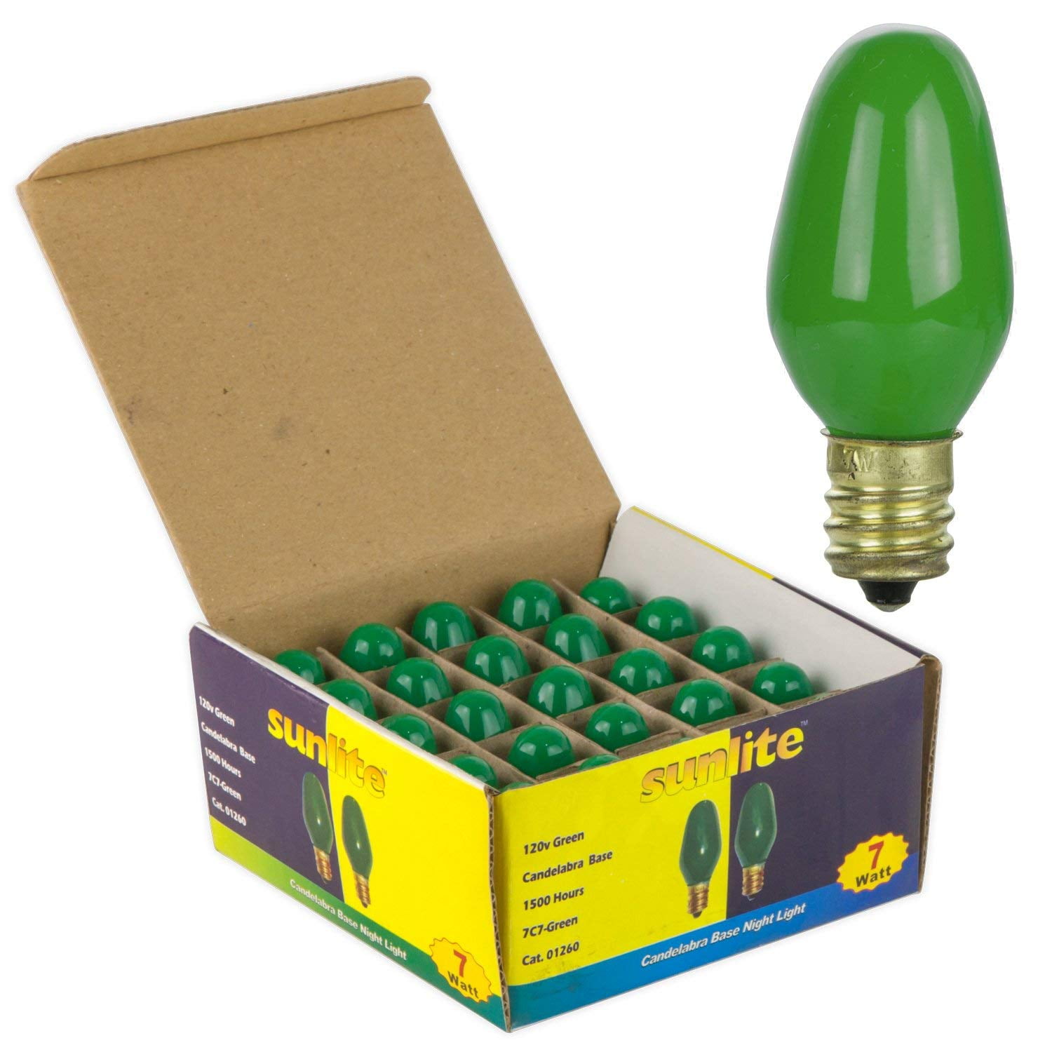 Diodesy 25-Pack C7 Green Incandescent Christmas Light Bulbs - Dimmable Replacement Bulbs, 7 Watts, 30 Lumens with E12 Candelabra Base for Home Decor, Indoor and Outdoor Use