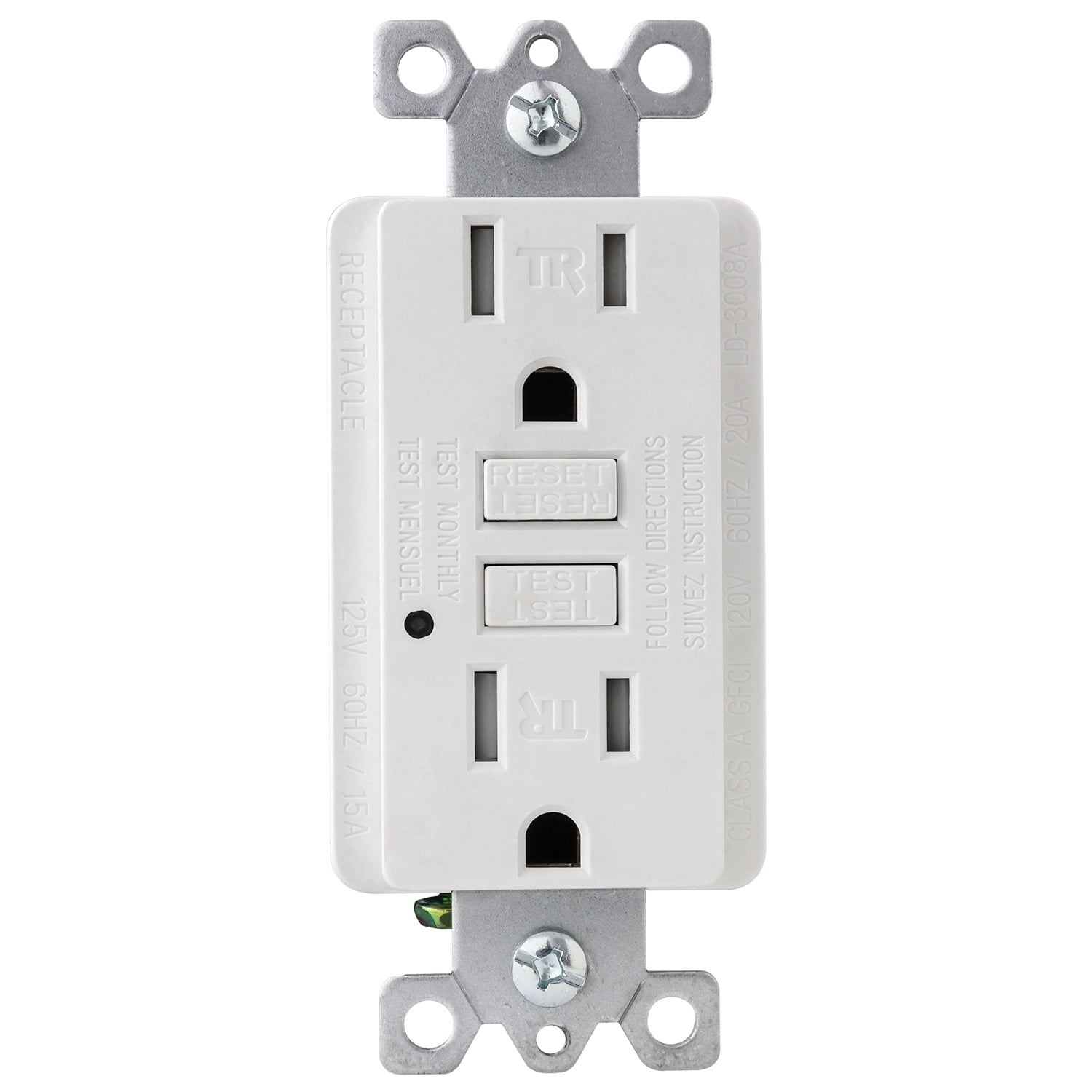 Diodesy- E542 GFCI Duplex Tamper-Resistant Receptacle Outlet with Matching Decor Wall Plate, Self-Test, LED Indicator Light, Ground Fault Circuit Interrupter, 15Amp, 120V, White Color, ETL Listed