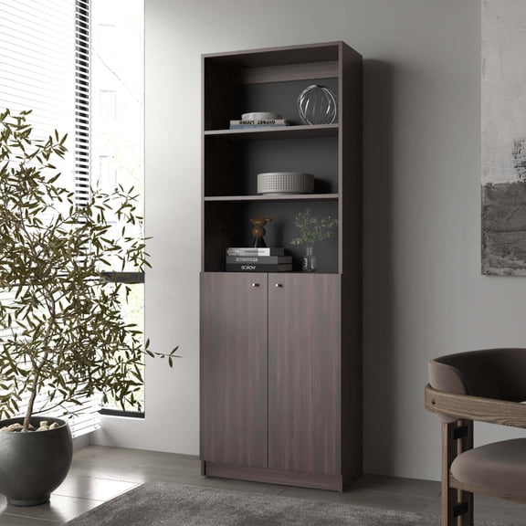 FM FURNITURE Beyerville Bookcase with Open Storage and 2 Doors, Stained Walnut