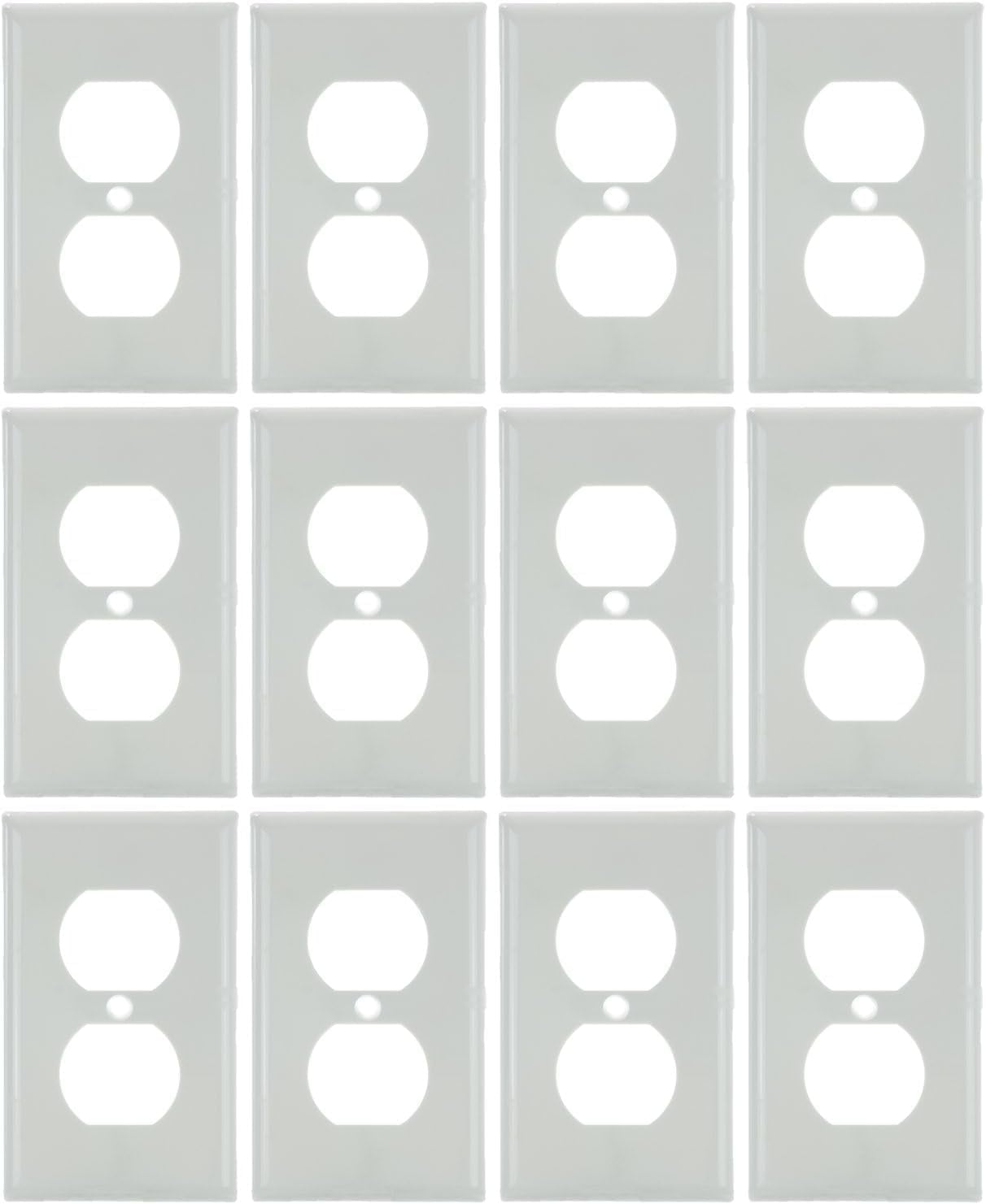 Diodesy- Pack of 12 E211W 1-Gang Duplex Receptacle Wall Plate with Metal Screws, Electrical Switch Outlet Covers, Unbreakable White Gloss Finish, Smooth Rounded Edge, Plastic Plug Covers, UL Listed