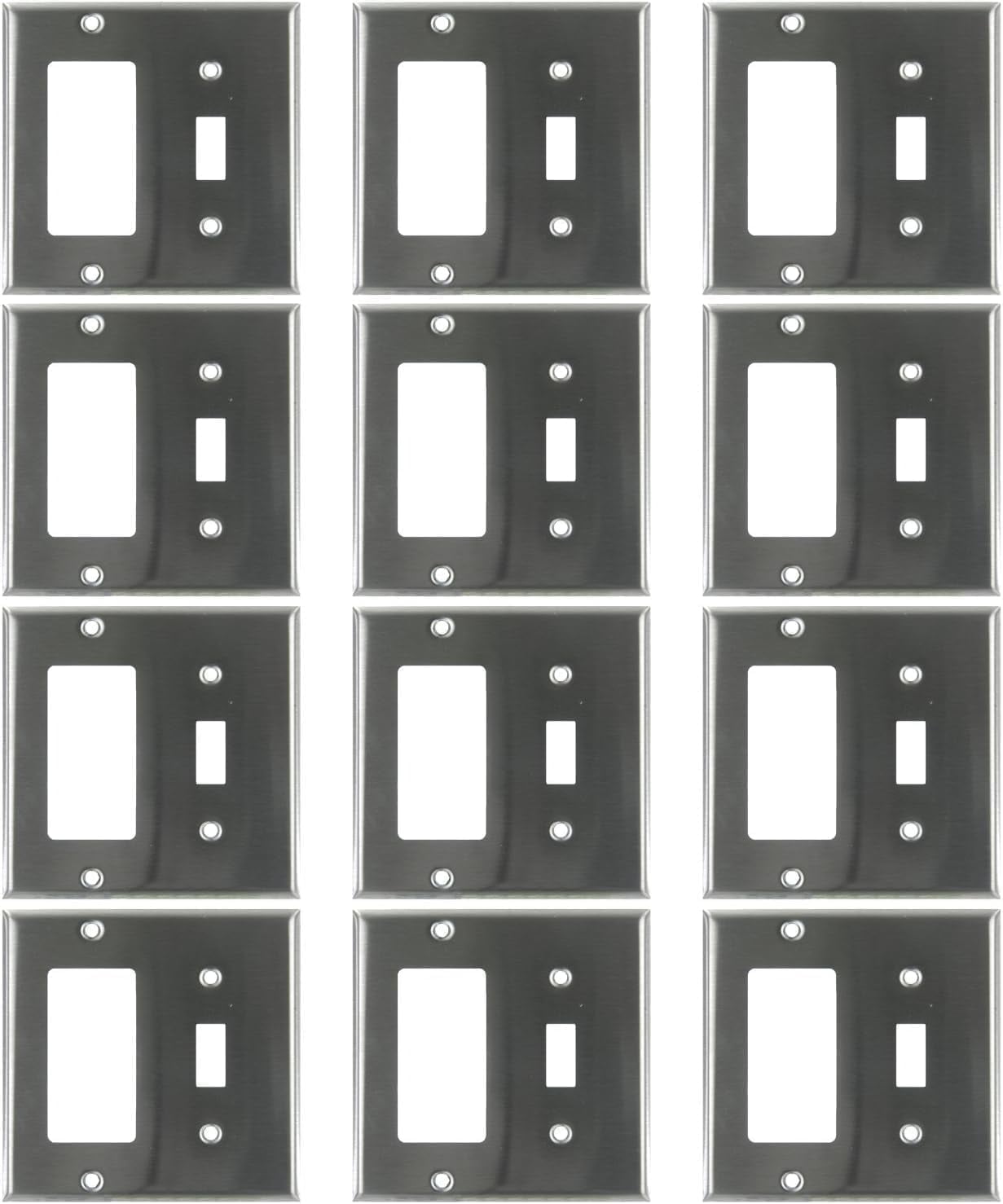 Diodesy- Pack of 12 E222S Single Toggle Rocker 2-Gang Light Switch Decorator Receptacle Combo Wall Plate, Steel Smooth Finish, Electrical Decorative Outlet Cover, Rounded Edges, UL Listed