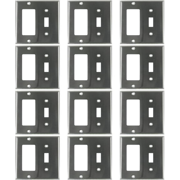 Diodesy- Pack of 12 E222S Single Toggle Rocker 2-Gang Light Switch Decorator Receptacle Combo Wall Plate, Steel Smooth Finish, Electrical Decorative Outlet Cover, Rounded Edges, UL Listed