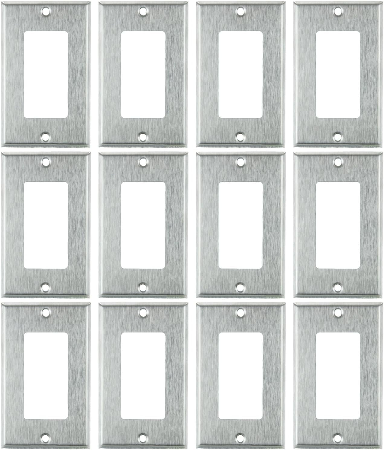 Diodesy- Pack of 12 E301S 1 Gang Decorator Rocker Wall Plate with Matching Metal Screws, Single Light Switch and Receptacle Outlet Cover, Steel Gloss Finish, Unbreakable Round Edge Steel, UL Listed