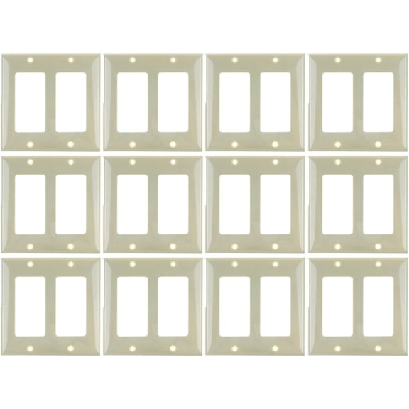 Diodesy- Pack of 12 E302I 2 Gang Decorator Rocker Switch Wall Plate with Metal Screws, Receptacle Light Switch Cover, Ivory Gloss Finish, Unbreakable Outlet Plastic, Safe Round Edge, UL Listed
