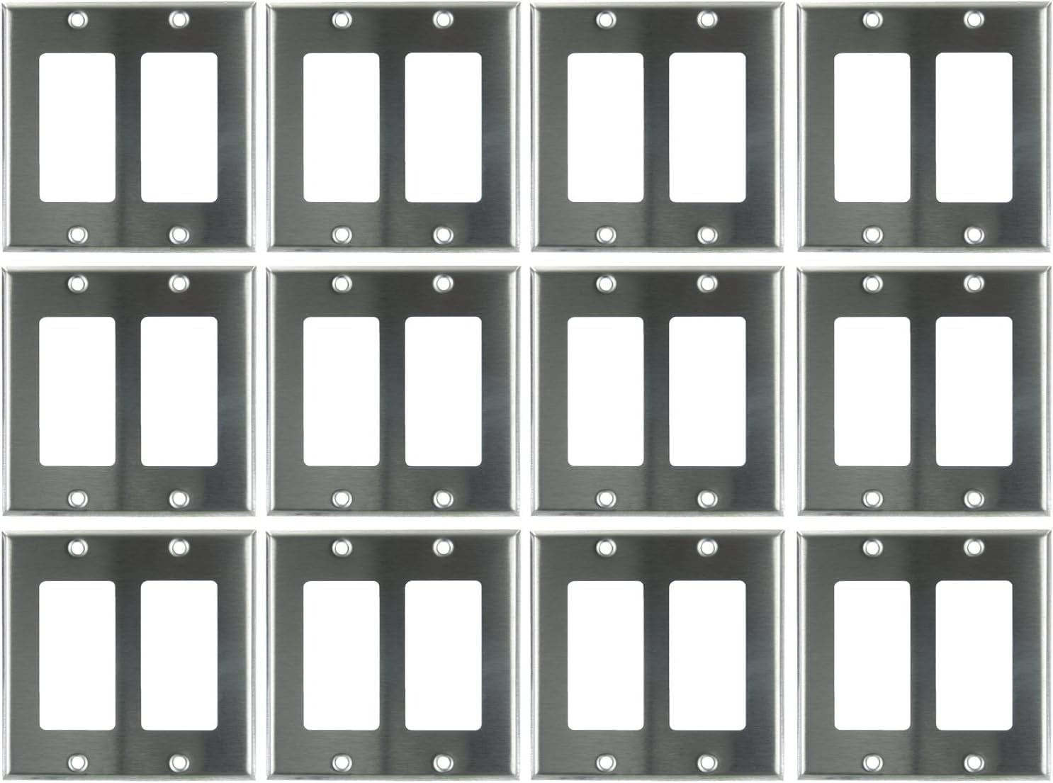 Diodesy- Pack of 12 E302S 2 Gang Decorator Rocker Switch Wall Plate with Metal Screws, Receptacle Switch Cover, Steel Gloss Finish, Unbreakable Outlet Steel Construction, Safe Round Edge, UL Listed